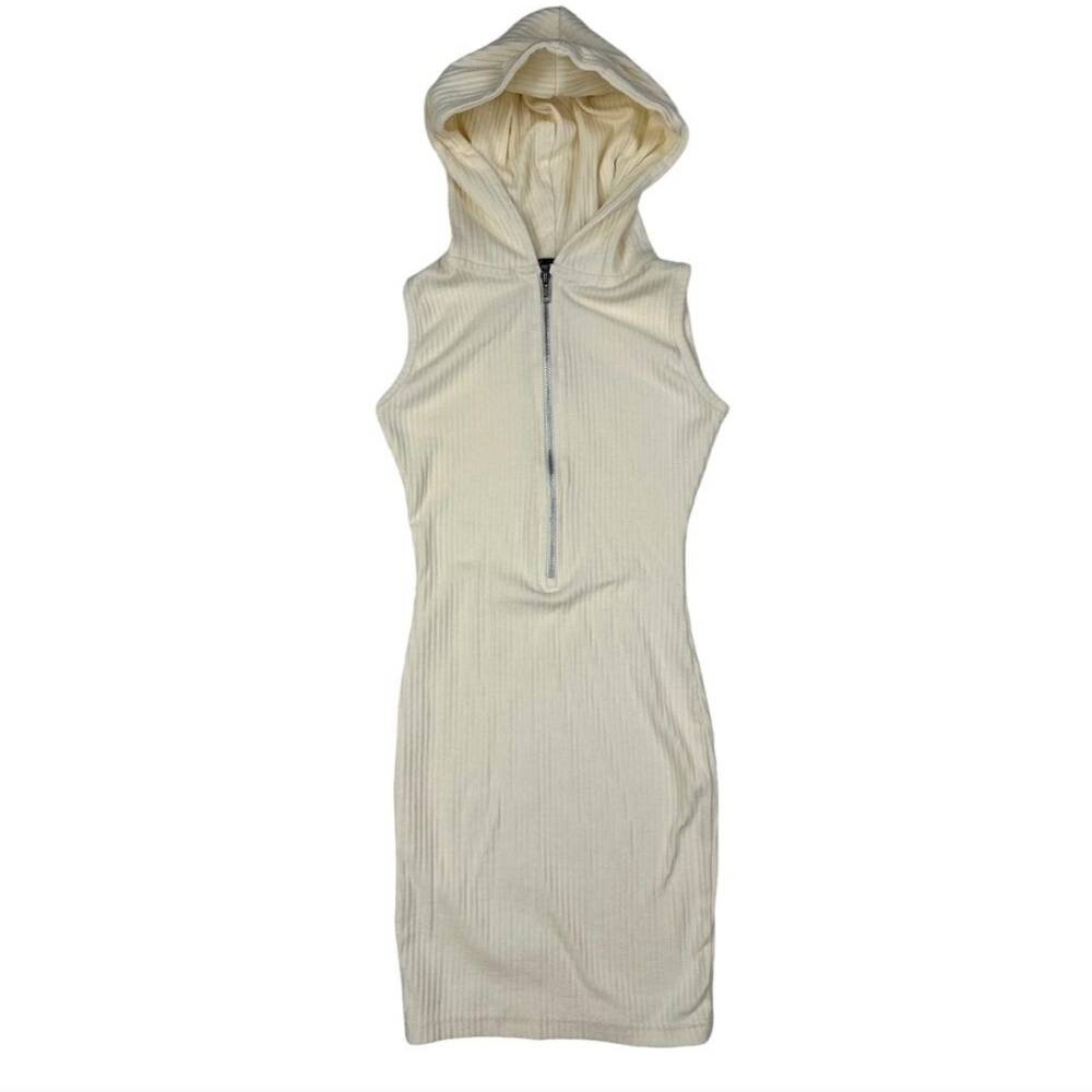 PrettyLittleThing Cream Hooded Ribbed Sweater Dress